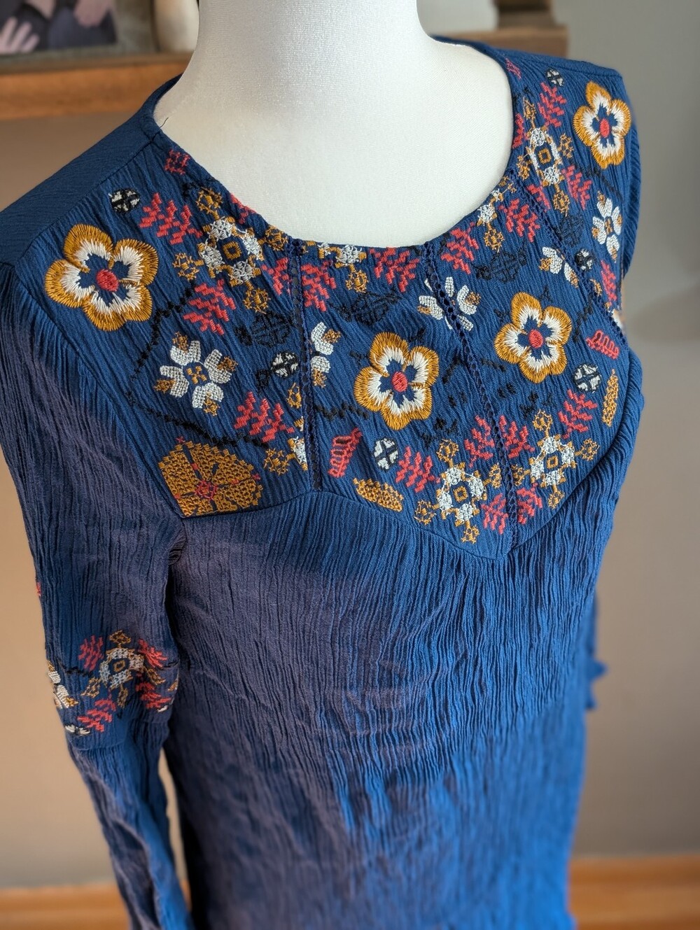Blue Rain Embroidered Mini Dress Long Sleeve Blue Floral Boho Folk Cottagecore S - Picture 2 of 5